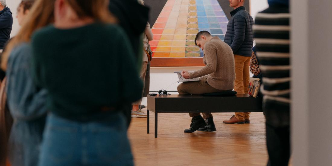 an exhibition view of Swedish ecstasy with an altar piece by Hilma af Klint