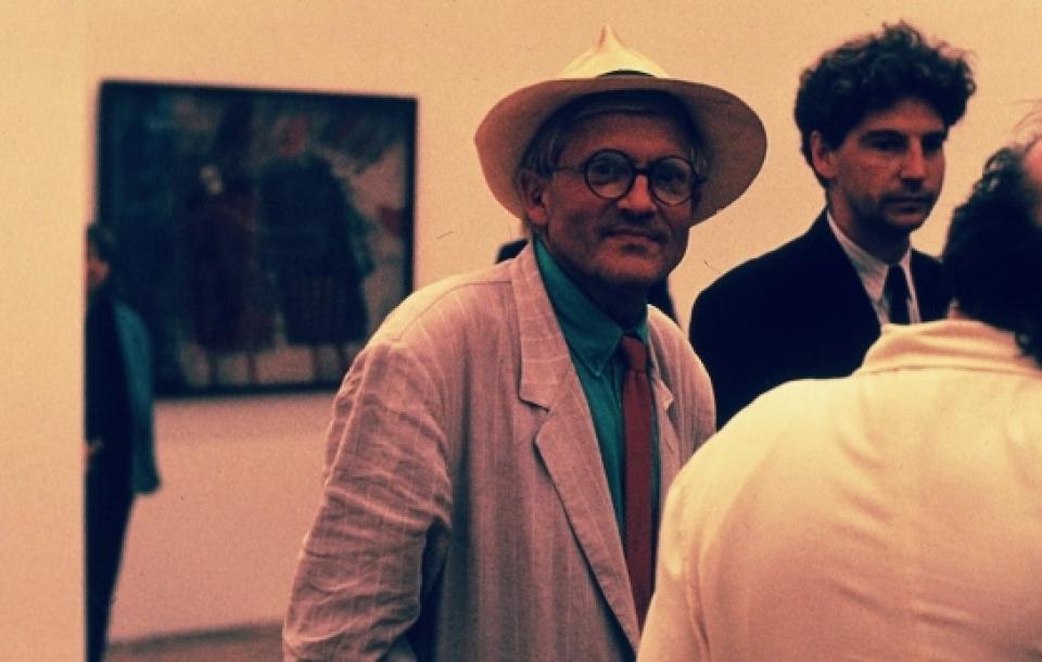 David Hockney at the opening of his exhibition at the Centre for Fine Arts, 1992