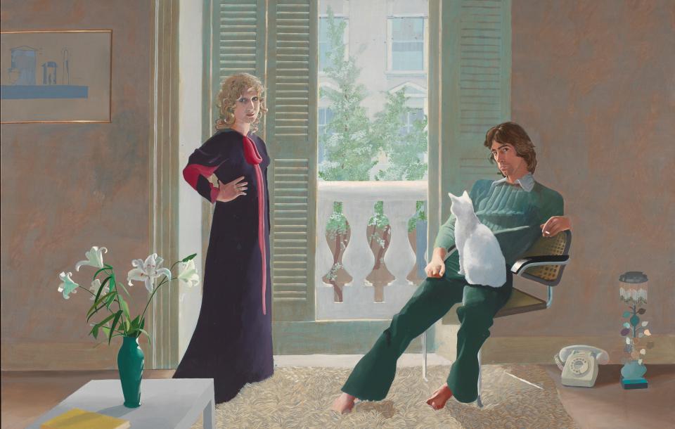 Double portrait of Mr. and Mrs. Clark with their cat Percy by David Hockney