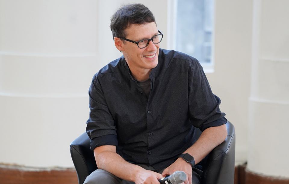 Scientist Jean-Christophe Marine (VIB) during the conference ‘Genetic Biotech through the eyes of artists’ held at BOZAR, Centre for Fine Arts, Brussels in September 2020