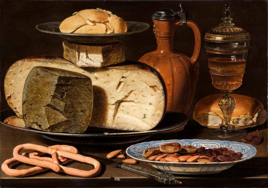 Clara Peeters, Still Life with Cheeses, Almonds and Pretzels (1615)