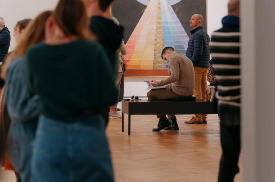 an exhibition view of Swedish ecstasy with an altar piece by Hilma af Klint