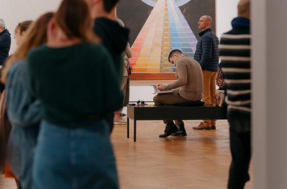 an exhibition view of Swedish ecstasy with an altar piece by Hilma af Klint