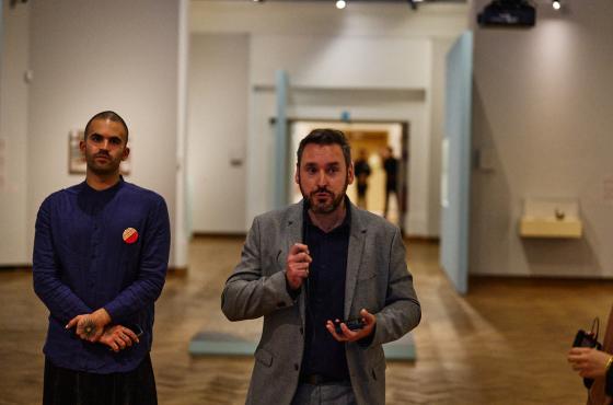 Two of the curators, Edwin Nasr and Arnaud Quertinmont, in the exhibition