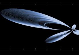 Photo showing a 2 dimensional visualisation of gravitational waves emitted by a black hole merger. Mikromedas AdS/CFT 001 received an Honorary Mention at the 2022 STARTS Prize.