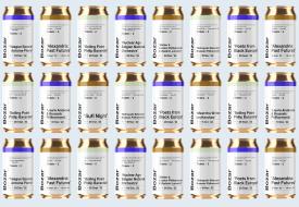 Rows of drink cans, but the labels are filled with Bozar events and artists.